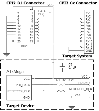 Connection for the Microchip/Atmel devices in PDI/TPI mode