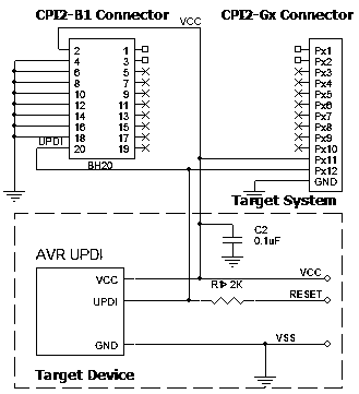 Connection for the Microchip/Atmel ATtiny devices in the UPDI mode