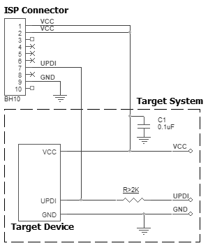 AE-ISP-U1 connection for the Microchip/Atmel ATtiny devices in the UPDI Mode