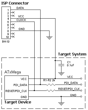AE-ISP-U1 connection for the Microchip/Atmel ATXMega devices in PDI Mode for ChipProg-48