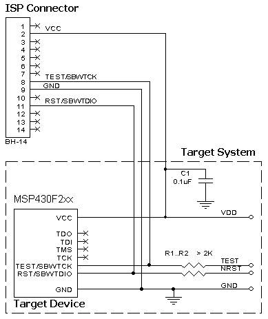 AS-ISP-MSP430-2  connection for the Texas Instruments MSP430Fxxx devices in SBW Mode