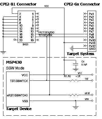 Connection for the TI MSP430FRxxx devices in SBW Mode