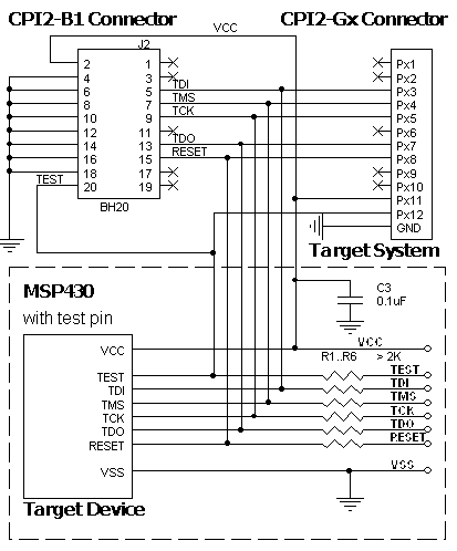 Connection for the TI MSP430Fxxx devices in JTAG Mode with TEST pin