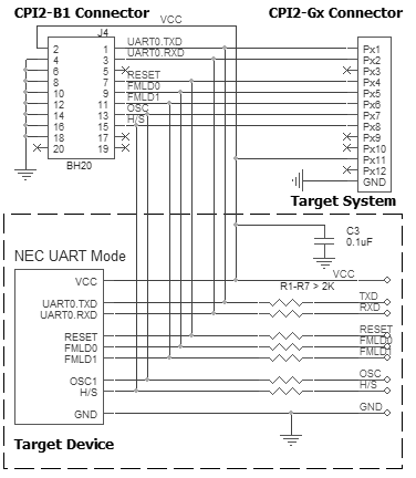 Connection for the NEC devices in UART mode