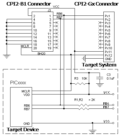 Connection for the Microchip PIC16/PIC18 devices