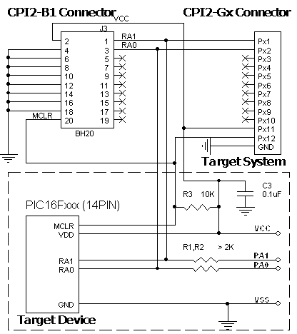 Connection for the Microchip PIC16Fxxx 14pin  devices