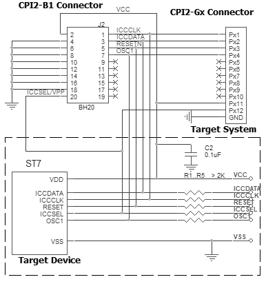 Connection for the STMicroelectronics ST7 devices