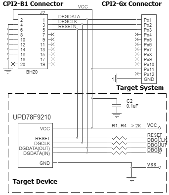 Connection for the NEC UPD78F9210, UPD78F9211 devices