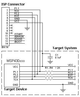 AS-ISP-Cable connection for the TI MSP430F13x/14x devices in the BSL Mode